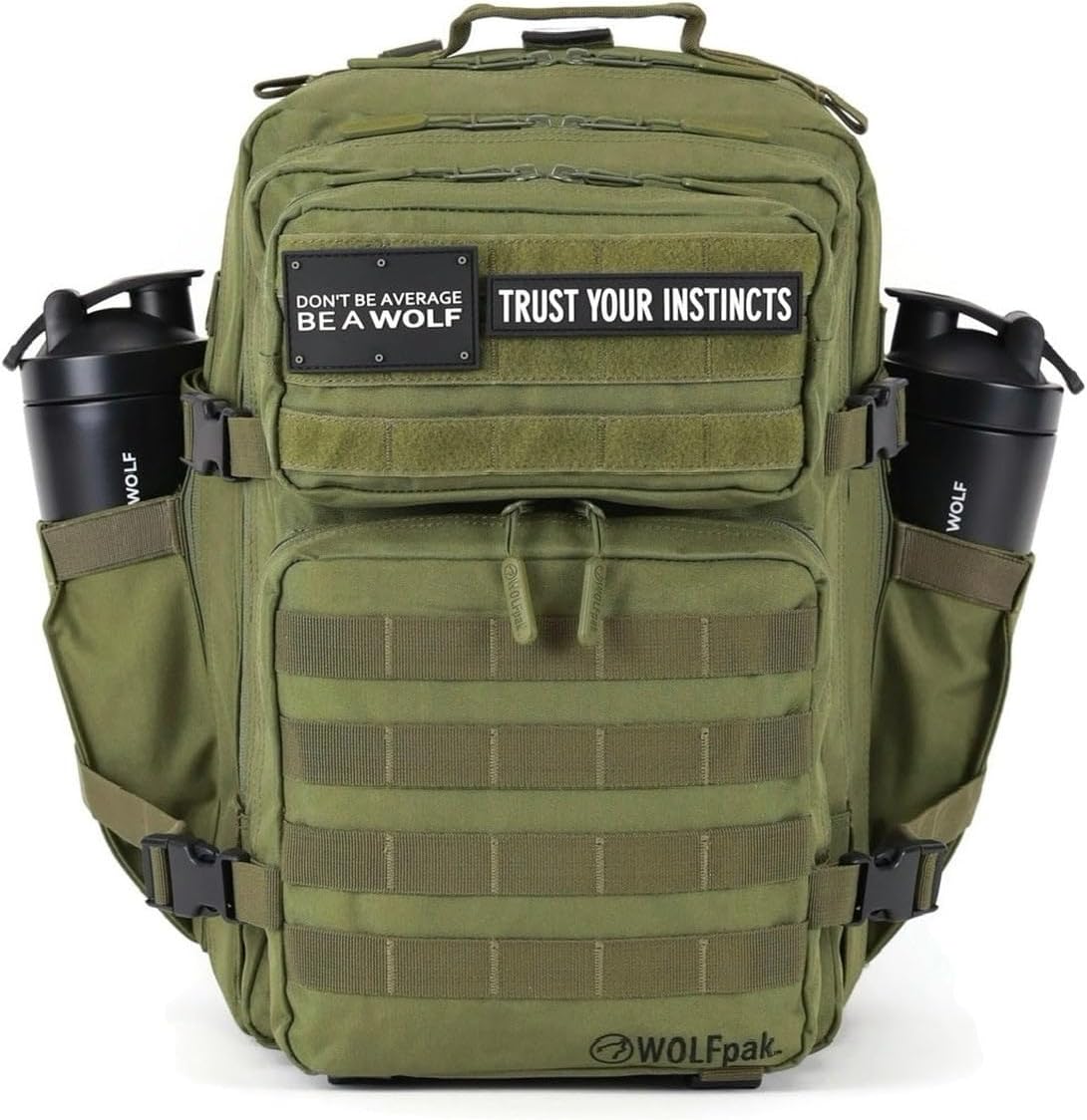 WOLFpak 35L Athletic Gym Backpack - Durable 1000D Waterproof Oxford Material with MOLLE Webbing, Laptop Pocket & Dual Cup Holders, Durable Fitness/Travel/Military Daypack (OD Green)