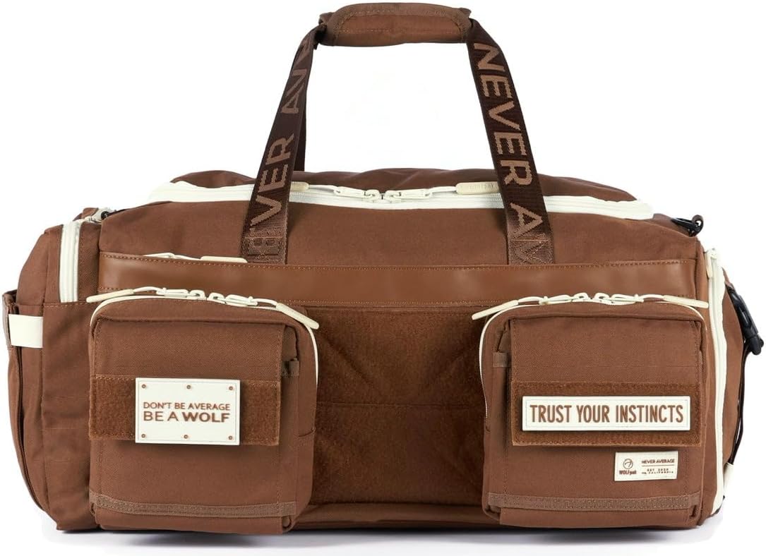 WOLFpak Ultimate 40L Gym & Travel Duffle Bag for Men & Women | Heavy-Duty Gear Bag w/Durable Waterproof 1000D Oxford Material | Hard Shell Base, Laptop Sleeve, Custom Patch Options | (Mocha Brown)