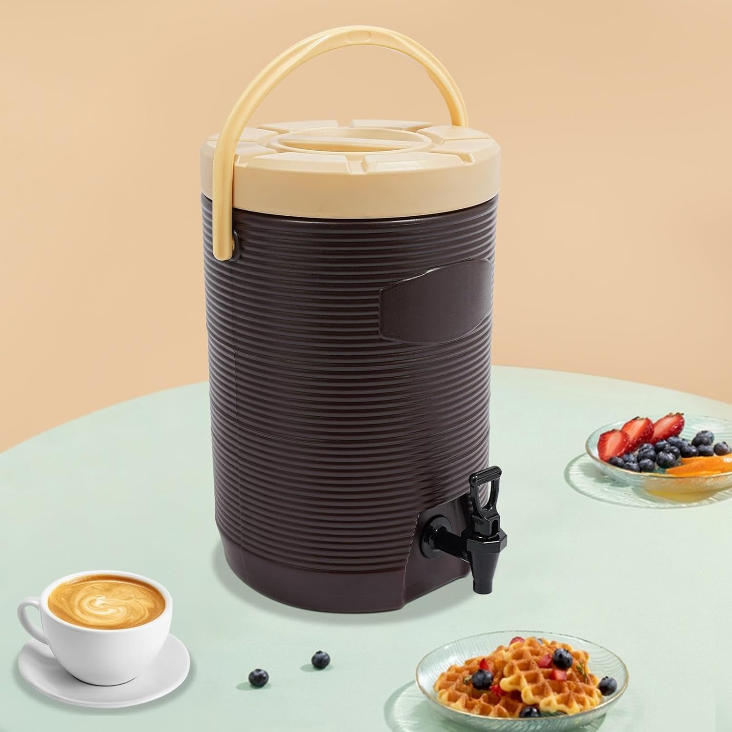 Insulated Beverage Dispenser - 4.5 Gal Stainless Steel Hot and Cold Drink Dispenser with Spigot & Handle, Commercial Thermal Container for Water Coffee Drink Catering Restaurant (Brown)