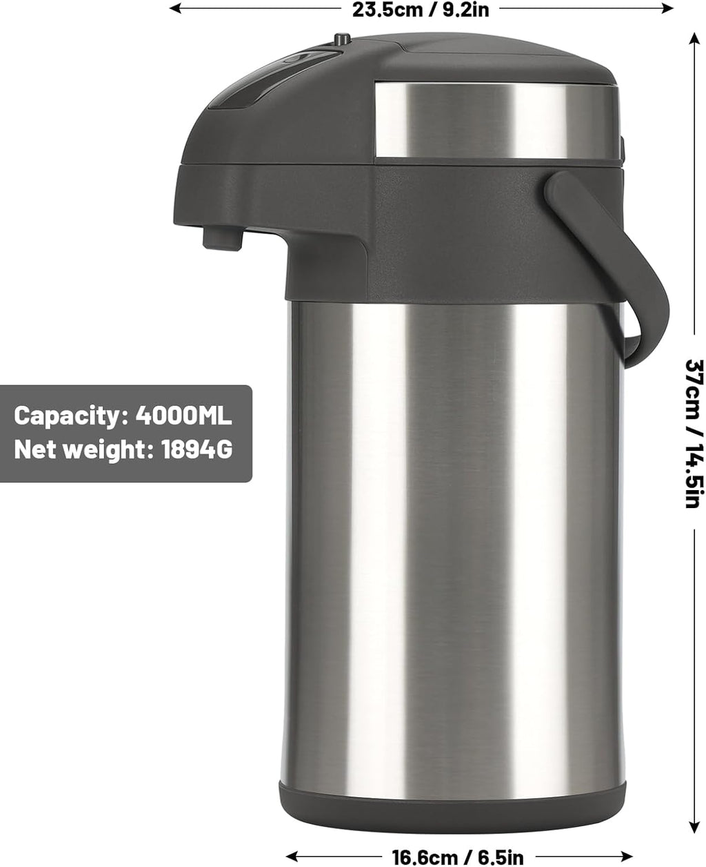 OJOJ 4L/133OZ Thermal Coffee Carafe with Pump, Thermal Beverage Dispenser, Coffee Airpot Stainless Steel Coffee Carafe for Hot Drinks Silver
