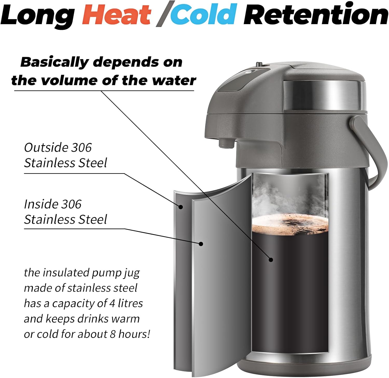 OJOJ 4L/133OZ Thermal Coffee Carafe with Pump, Thermal Beverage Dispenser, Coffee Airpot Stainless Steel Coffee Carafe for Hot Drinks Silver
