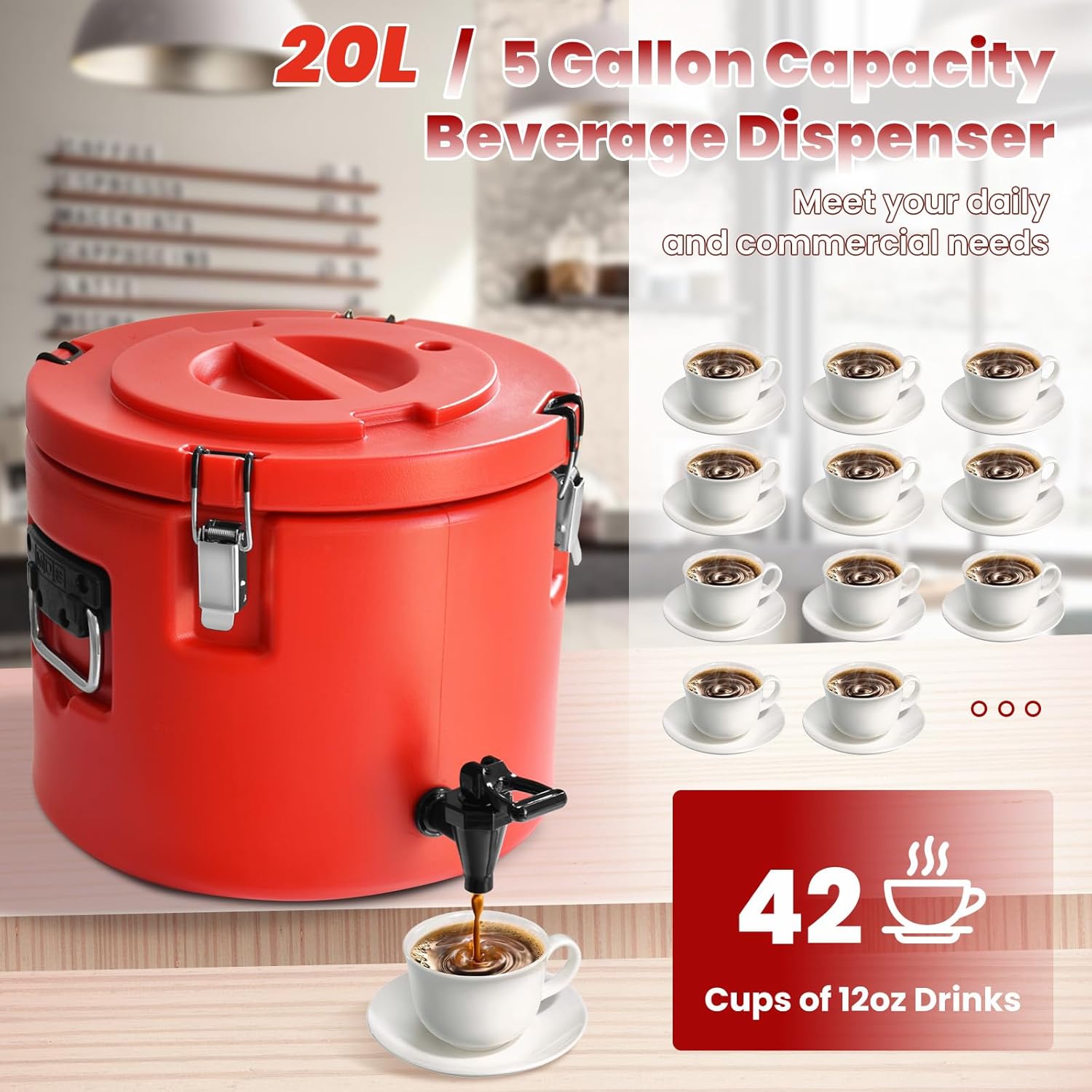 20L/5Gal Insulated Beverage Dispenser, Ice & Hot Drink Dispenser with Spout Spigot and Portable Handles,Thermal Hot and Cold Drink Server Dispenser for Restaurant Drink Shop