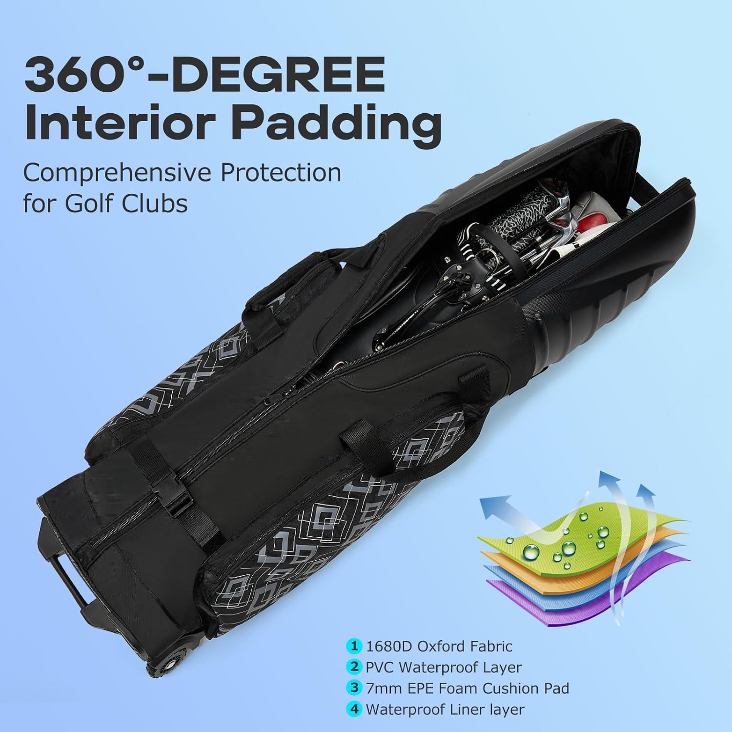 Golf Travel Bags for Airlines with Reinforced Wheels, Hard Case Top and 1680D Heavy Duty Oxford Protect Golf Clubs, Lightweight and Easy to Use