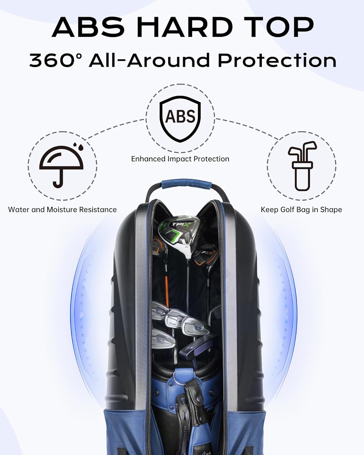 Golf Travel Bag for Airlines, ABS Hard Shell Top, 1680D Oxford Cloth, 4 Side Pockets, Two 4 Inch Wheels, Lockable Zippers, Foldable Club Travel Case