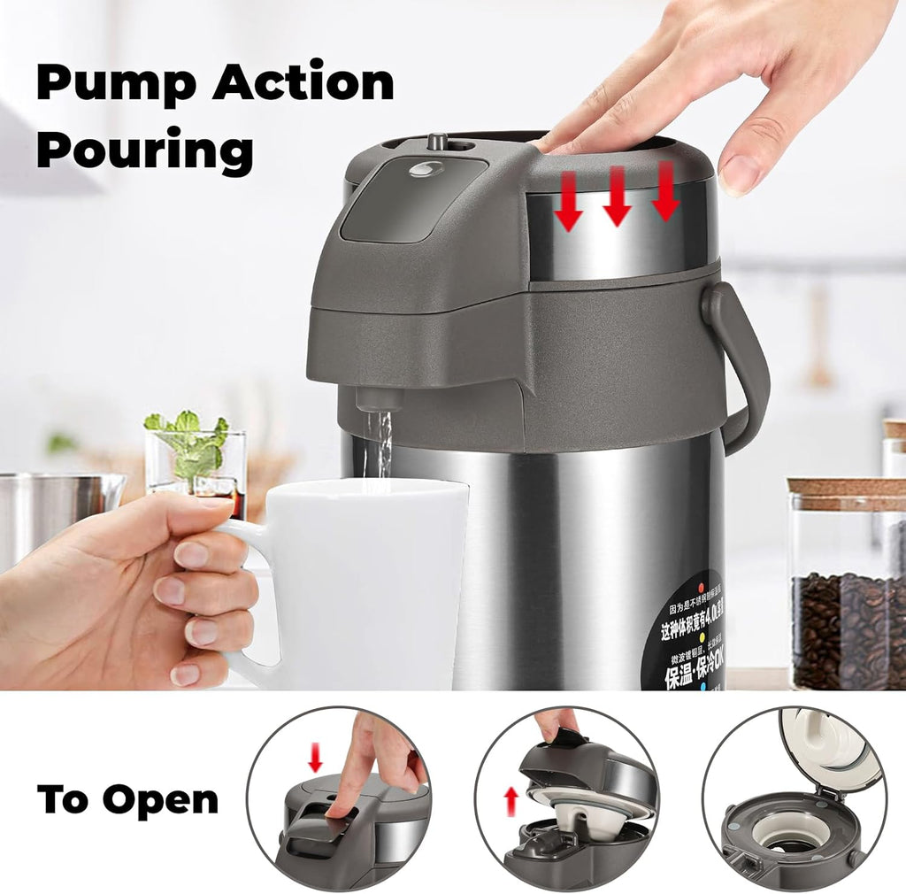 OJOJ 4L/133OZ Thermal Coffee Carafe with Pump, Thermal Beverage Dispenser, Coffee Airpot Stainless Steel Coffee Carafe for Hot Drinks Silver