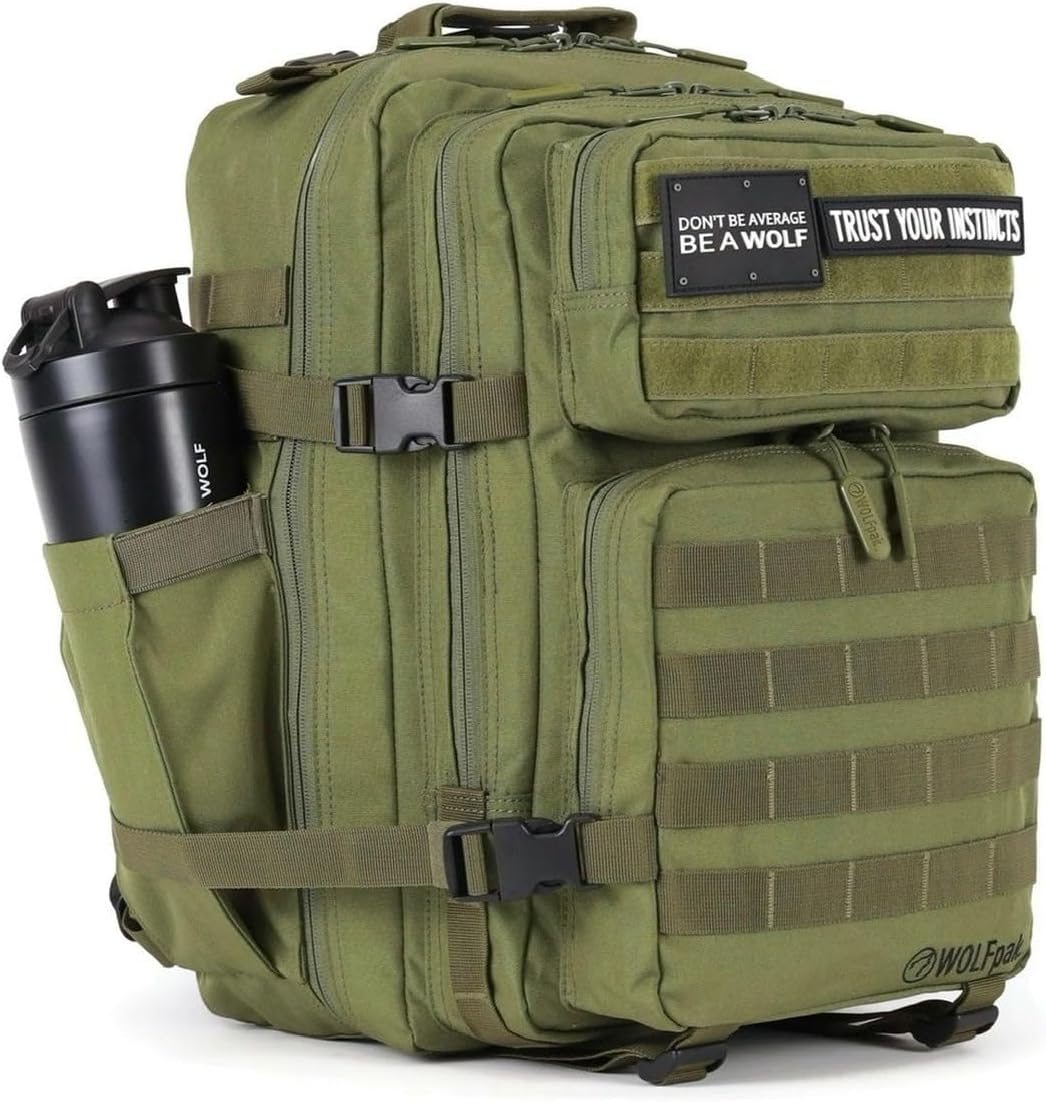 WOLFpak 35L Athletic Gym Backpack - Durable 1000D Waterproof Oxford Material with MOLLE Webbing, Laptop Pocket & Dual Cup Holders, Durable Fitness/Travel/Military Daypack (OD Green)