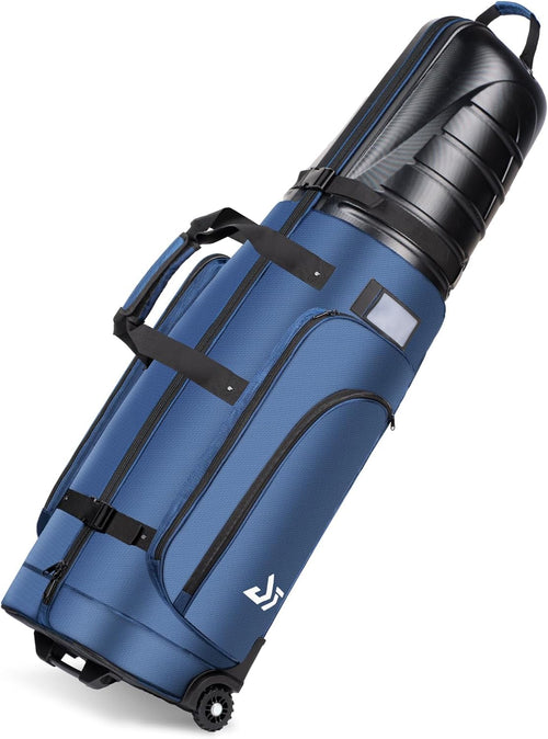 Golf Travel Bag for Airlines, ABS Hard Shell Top, 1680D Oxford Cloth, 4 Side Pockets, Two 4 Inch Wheels, Lockable Zippers, Foldable Club Travel Case