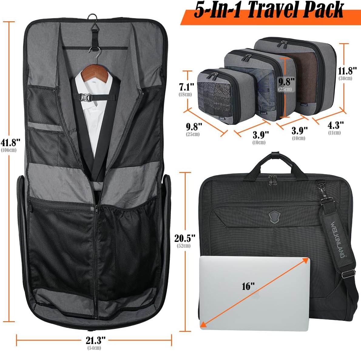 WELKINLAND 3-Suits Garment Bags for Travel W/ 4-Pack Compression Packing Cubes, 30L-Large Carry On Garment Bag for Travel, 15-Pockets Suit Holder Travel Bag, Wrinkle-Free Suit Garment Bag for Men