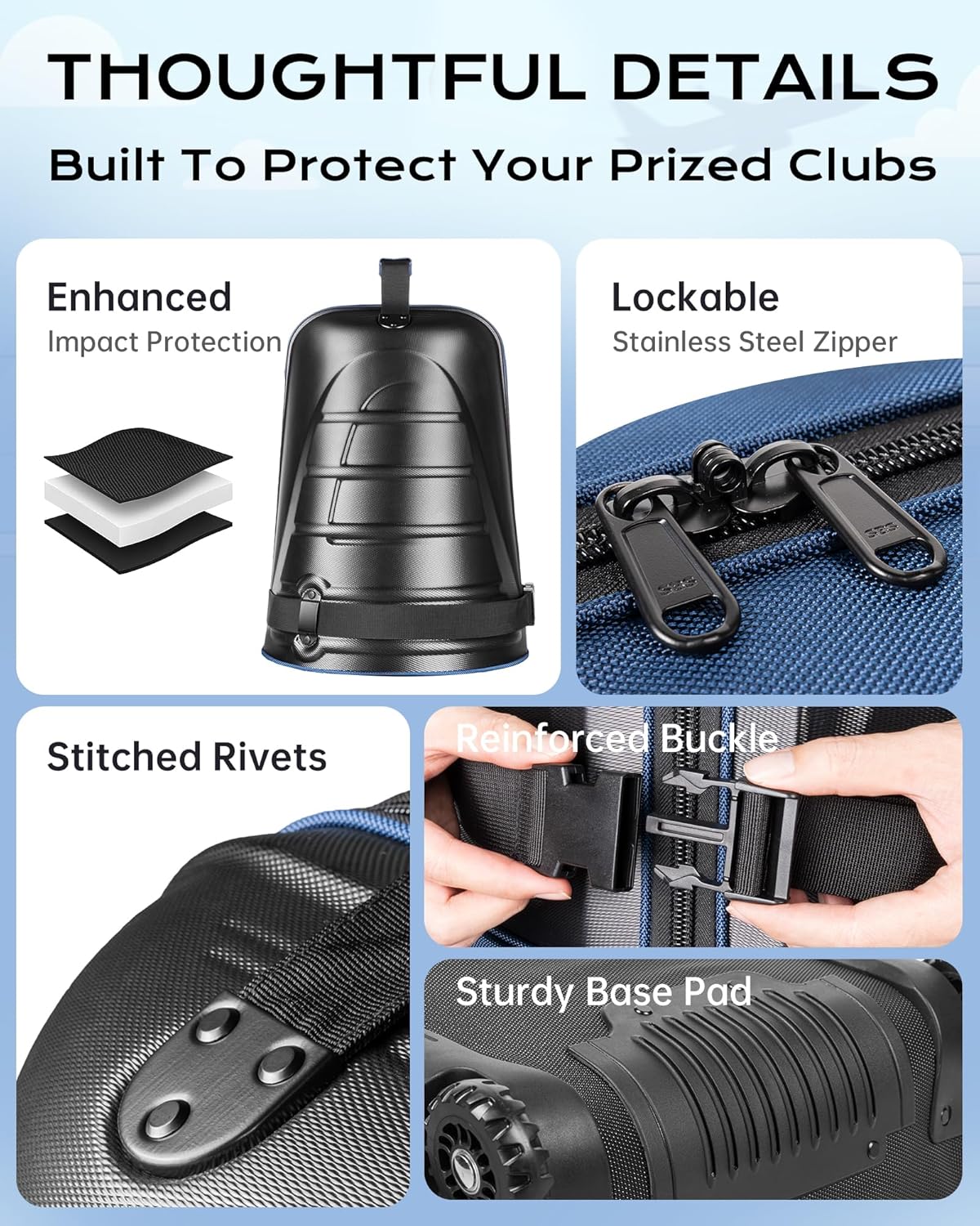 Golf Travel Bag for Airlines, ABS Hard Shell Top, 1680D Oxford Cloth, 4 Side Pockets, Two 4 Inch Wheels, Lockable Zippers, Foldable Club Travel Case