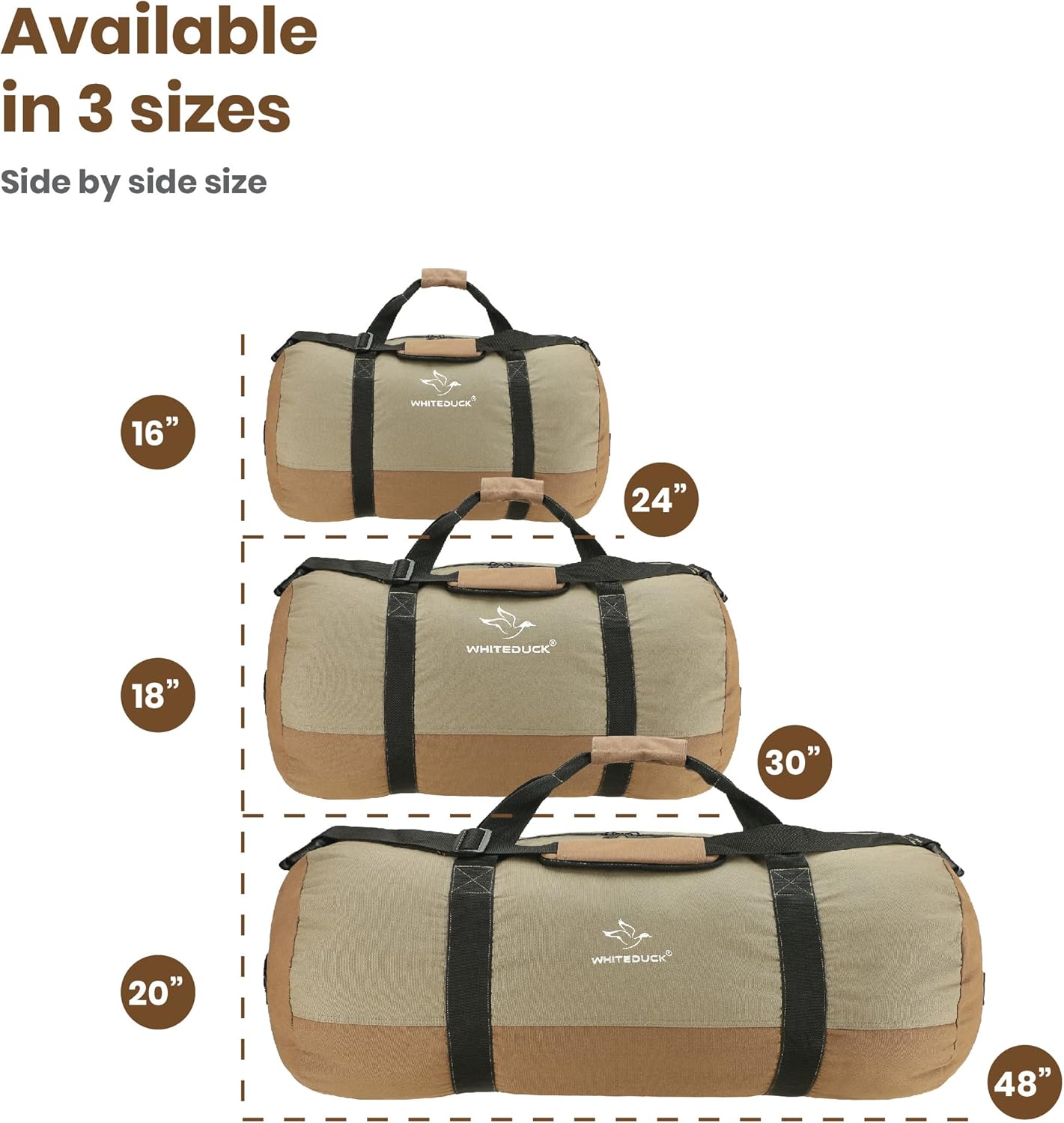 WHITEDUCK Heavy Duty Canvas Duffel Bag for Men and Women - Foldable Military Army Style Duffel Bag, with Full Length Zipper- Outdoors, Travel, Gym & Storage